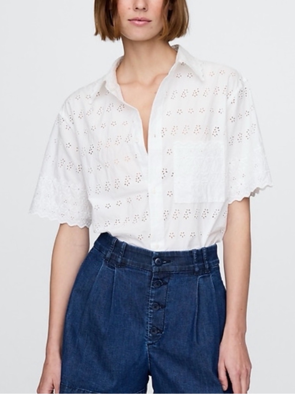 GAP x Doen Unisex White Eyelet Short Sleeve Button-Down Shirt